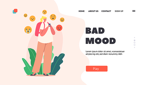 Bad Mood Landing Page Template. Cyber Bullying, Abuse, Social Attack, Bully Hate. Teen Girl Character Crying with Smartphone in Hands after Being Bullied over Internet. Cartoon Vector Illustration
