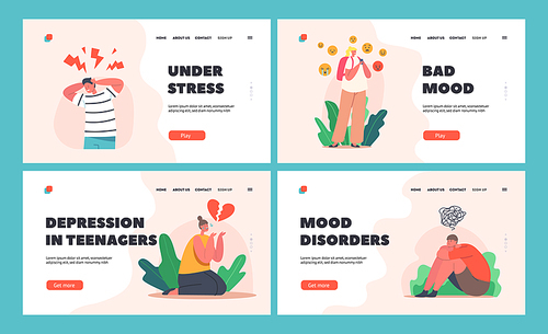 Childhood Depression Landing Page Template Set. Kids Character with Headache Feeling Frustrated Crying Sad at Home, Feel Anger, Pain due to Cyberbullying and Life Problem. Cartoon Vector Illustration