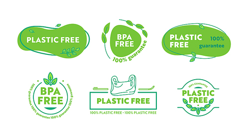 Set of Icons Plastic or BPA Free Theme. No Plastic Poisons Badges with Doodle Hand Drawn Elements of Green Leaves. Simple Style Labels for Ecological Package Design. Cartoon Vector Illustration