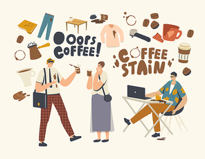 Male or Female Characters Spill Coffee on their Clothes and Laptop making Stains. Clumsiness, Accident on Street or Office. Businessman in Trouble with Drink Splash. Cartoon People Vector Illustration