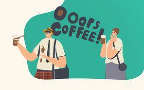 Clumsiness, Accident on Street or Office. Businessman in Trouble with Drink Splash. Clumsy Character Spill Coffee on T-shirt, Woman Giggling. Stressful Situation. Cartoon People Vector Illustration