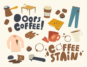 Set of Icons Coffee Stains Theme. Cezve with Boiling Beverage, Shirt and Pants with Spots, Coffee Machine Filter, Broken Cup and Documents Folder with Brown Circles. Cartoon Vector Illustration