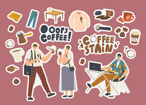 Set of Stickers Coffee Stains. Clumsy Characters, Cezve with Beverage, Shirt or Pants with Spots, Coffee Machine Filter, Broken Cup and Documents Folder with Brown Circles. Cartoon Vector Illustration