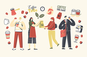 People Buying and Drinking Takeaway Coffee or Hot Drinks in Disposable Cardboard Cups. Male and Female Characters Morning Refreshment, Employees Coffee Break at Office. Linear Vector Illustration