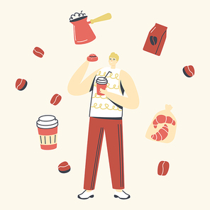 Man Character with Bun and Coffee Cup in Hands on White Background Surrounded with Cezve, Croissants, Coffee Beans and Pack. Morning Refreshment and Hot Drink for Takeaway. Linear Vector Illustration