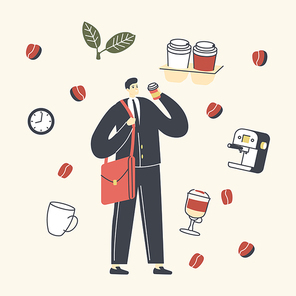 Young Business Man Character in Formal Wear and Shoulder Bag Drinking Coffee in Disposable Cup. Morning Takeaway Drink Refreshment on Way at Work, City Dweller Lifestyle. Linear Vector Illustration