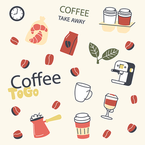 Set of Takeaway Coffee Supplies Cezve, Package, Leaves and Beans, Disposable Plastic Cups and Coffee Machine, Croissants, Clock and Mugs. Hot Drink for Take Away To Go. Linear Vector Illustration