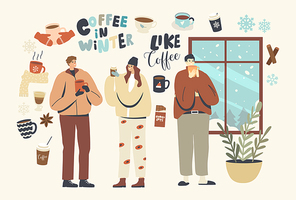 Male and Female Characters Drinking Coffee, Young People in Warm Clothes Holding Cup with Hot Drink near Window with Snow. Christmas Holiday Season. Xmas Beverage in Mug. Linear Vector Illustration