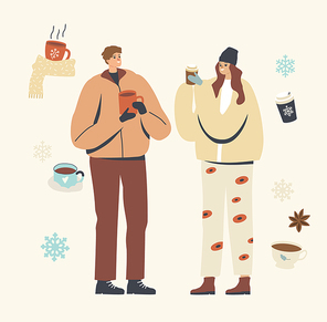 Young Male and Female Characters in Warm Clothes Enjoying Winter Coffee Outdoors. People Drinking Hot Drinks at Wintertime Season, Christmas Holidays Vacation, Spare Time. Linear Vector Illustration