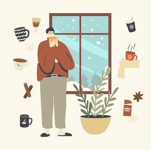 Male Character in Warm Clothes and Slippers Enjoying Winter Window View and Hot Drink at Cozy Home Interior. Wintertime Season Spare Time, Christmas Holidays Vacation. Linear Vector Illustration