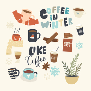 Set of Icons Coffee in Winter Theme Cup and Mug with Hot Beverage, Knitted Scarf and Cinnamon Sticks, Potted Plant, Chocolate Bar, Snow Flakes with Mittens and Typography. Linear Vector Illustration