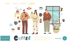 Characters Drinking Coffee Landing Page Template. Young People in Warm Clothes Hold Cup with Hot Drink near Window with Snow. Christmas Holiday Season. Xmas Beverage in Mug. Linear Vector Illustration