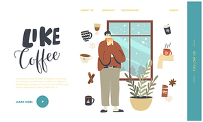 Wintertime Spare Time, Christmas Holidays Landing Page Template. Male Character in Warm Clothes and Slippers Enjoying Winter Window View and Hot Drink at Cozy Home Interior. Linear Vector Illustration