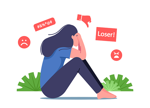 Bullying in Social Media, Bulling Abuse and Harassment Concept. Female Character Sitting with Covered Face Crying after Being Bullied and Called Nasty Names Online. Cartoon People Vector Illustration
