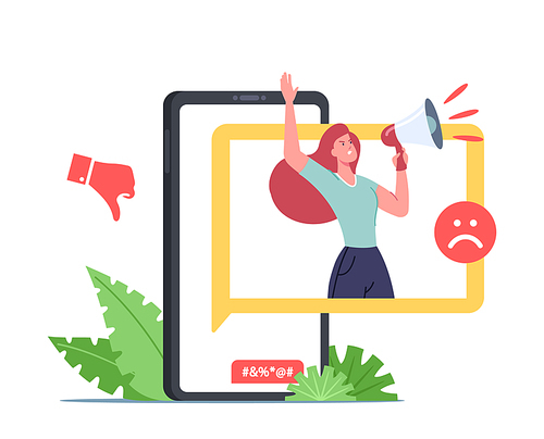 Cyberbullying Attack, Bully Network Abuse and Harassment Concept. Cyber Bullying Problem. Hater Character on Smartphone Screen Yell in Loudspeaker over Internet. Cartoon People Vector Illustration