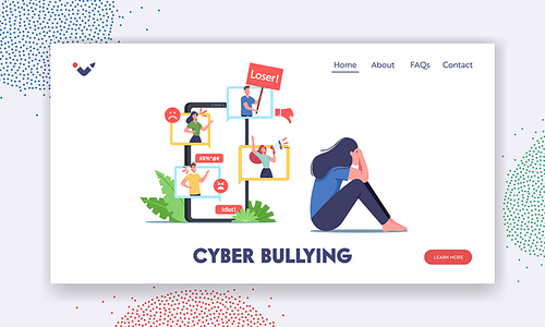 Cyber Bullying, Social Attack, Bully Hate Landing Page Template. Teen Character Crying front of Smartphone Screen after Being Bullied and Called Nasty Names over Internet. Cartoon Vector Illustration