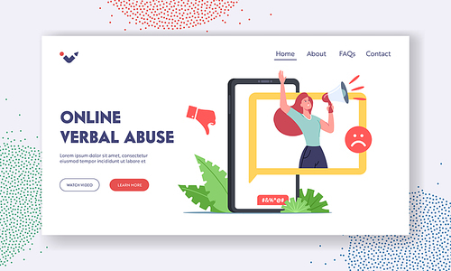 Online Verbal Abuse Landing Page Template. Cyberbullying Attack, Bully Network Abuse and Harassment. Cyber Bullying Problem. Hater Character Insult over Internet. Cartoon People Vector Illustration