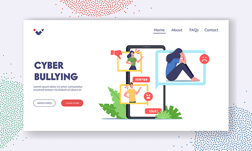 Cyberbullying Attack Landing Page Template. Bully Hater or Troll Laughing on Woman in Internet. Teen Character Crying after Being Bullied and Called Nasty Names. Cartoon People Vector Illustration
