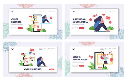 Cyber Bullying, Social Bully Attack Landing Page Template Set. Teen Character Crying front of Smartphone Screen after Being Bullied and Called Nasty Names over Internet. Cartoon Vector Illustration