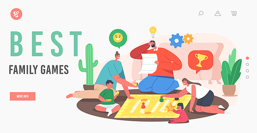 Best Family Games Landing Page Template. Happy Characters Fun, Joyful Sparetime, Kids and Parents Playing Board Games. Adult and Children Play Together with Riddle. Cartoon People Vector Illustration