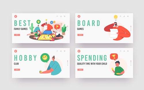 Best Family Boardgames Landing Page Template Set. Happy Characters Fun Sparetime, Kids and Parents Playing Board Games. Adult and Children Play Together with Riddle. Cartoon People Vector Illustration