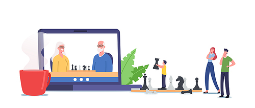 Family Characters Playing Chess. Parent, Grandparents and Child Distant Game via Internet Connection, Lockdown Recreation, Relatives Communication and Spare Time. Cartoon People Vector Illustration