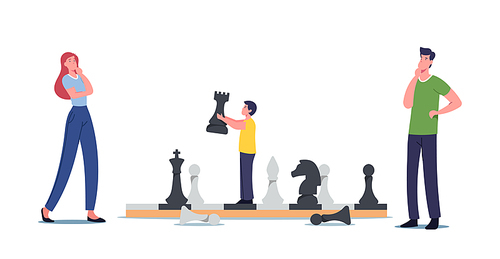 Happy Family Characters Mother, Father and Little Son Playing Chess. Boy Moving Huge Figures on Chessboard, Spare Time Amusement, Logic Game, Hobby, Recreation. Cartoon People Vector Illustration