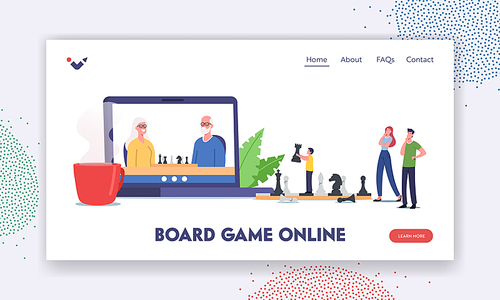 Board Game Online Landing Page Template. Family Characters Playing Chess. Parent, Grandparents and Child Distant Game via Internet, Recreation, Communication. Cartoon People Vector Illustration