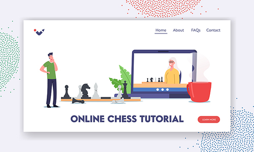 Online Chess Tutorial Landing Page Template. Characters Playing Chess. Man Thinking at Huge Chessboard with Figures, Spare Time Amusement, Logic Game, Recreation. Cartoon People Vector Illustration