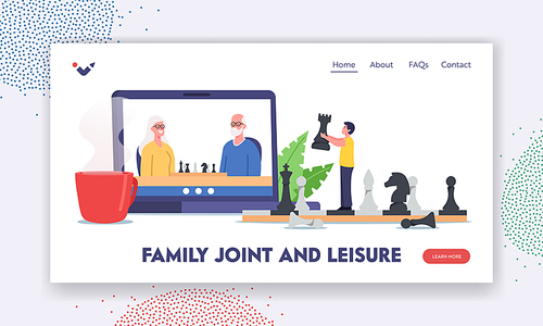 Family Joint and Leisure Landing Page Template. Characters Grandparents and Child Playing Chess Online. Distant Game via Internet Connection, Relatives Spare Time. Cartoon People Vector Illustration