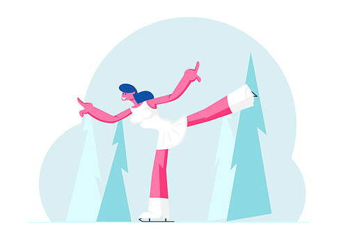 Sportswoman in White Dress Performing Individual Solo Program for Figure Skating Competition Show Dancing on Ice Rink. Winter Sport Active Recreation or Exercising. Cartoon Flat Vector Illustration