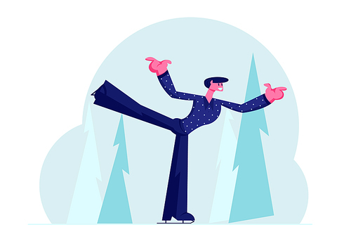 Professional Sportsman in Festive Suit Perform Figure Skating Program on Ice Rink. Man Dancing with Leg Up on Ice Outdoors Arena Training or Take Part in Tournament. Cartoon Flat Vector Illustration
