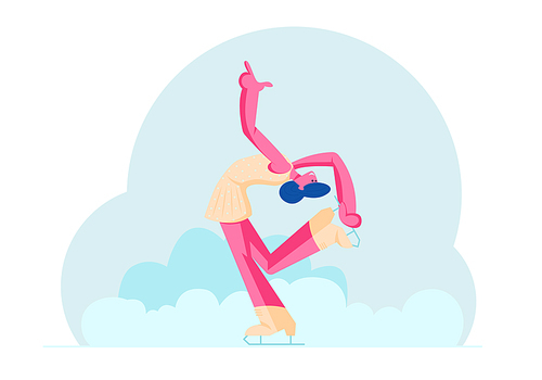 Girl in Dress Figure Skating at Sports Arena Making Complicated Stunt of Back Deflection on Ice Rink. Acrobatic Dancing Individual Program. Winter Sport Championship. Cartoon Flat Vector Illustration