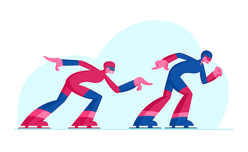 Sportsman and Sportswoman Speed Skaters in Sportswear and Helmet Short Track Competing or Training Exercising. Winter Season Sport Recreation, Olympic Games Team. Cartoon Flat Vector Illustration