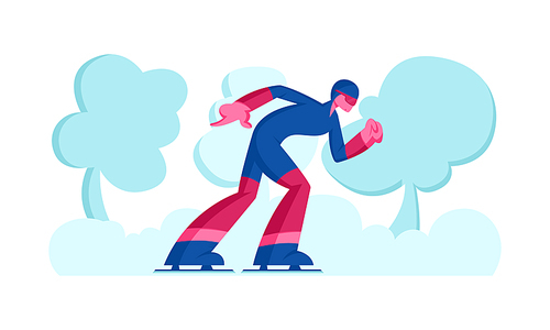 Sportsman Skater in Sportswear and Helmet Take Part in Speed Skating or Short Track Competition Moving Fast by Stadium. Winter Season Sport Recreation, Exercising. Cartoon Flat Vector Illustration