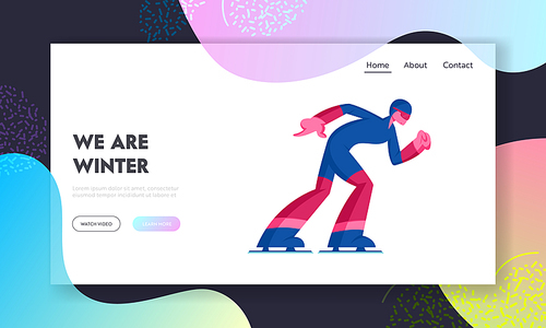Speed Skating or Short Track Competition Website Landing Page. Sportsman Skater Moving Fast by Stadium. Winter Season Sport Recreation, Exercising Web Page Banner. Cartoon Flat Vector Illustration