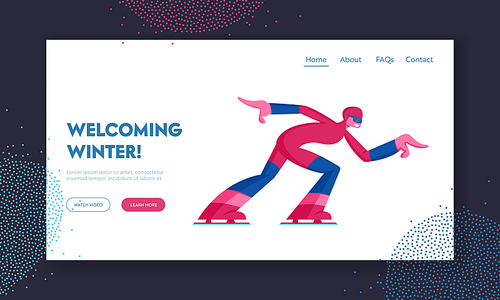 Skating Athlete Competing Website Landing Page. Speed Skater Woman Skating on Ice Rink, Short Track Race Skater Run to Finish Winter Sport Competition Web Page Banner. Cartoon Flat Vector Illustration