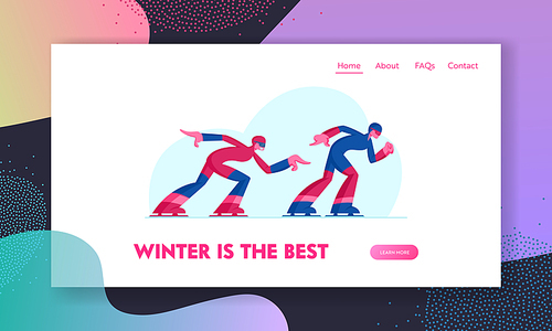 Olympic Games Speed Skaters Competing Website Landing Page. Sportsman and Sportswoman in Sportswear and Helmet Engaged Short Track Training Exercising Web Page Banner. Cartoon Flat Vector Illustration