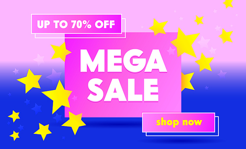 Mega Sale Advertising Banner with Typography on Blue and Pink Background with Stars. Ad Template Design for Shopping Discount. Backdrop Content Decoration, Social Media Promo. Vector Illustration