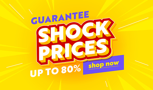 Shock Prices Guarantee Sale Banner for Digital Social Media Marketing Advertising. Shopping Discount Offer Trendy Template for Ad Poster, Shop Now Promo Flyer in Funky Style. Vector Illustration