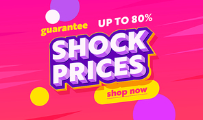 Shock Prices Sale Advertising Banner with Typography. Pink Background with Colorful Circles. Design for Shopping Discount, Social Media Promo Content Ad, Poster, Flyer Template. Vector Illustration