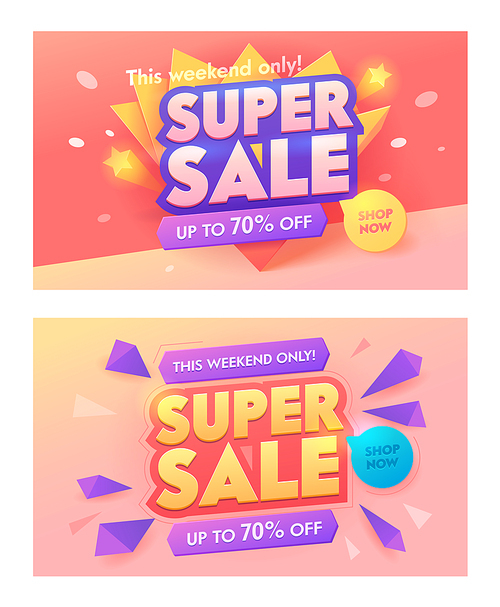 Super Sale 3d Typography Pink Banner Set. Promotion Discount Price Offer Poster Design. Advertising Digital Marketing Blowout Badge. Shop Now Deal Sticker Layout Vector Illustration