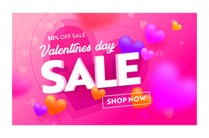 Valentines Day Sale Advertising Banner with Colorful Hearts and Typography on Pink Background. Special Holiday Offer Shop Now Promo. Branding Template Design for Shopping Discount. Vector Illustration