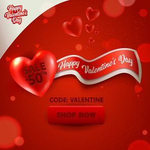 Happy Valentine Day Discount Offer Online Shop Banner. Sale Promo Poster in Red Heart Advertising Element Template. Romantic Holiday Deal Voucher Design 3d Vector Illustration