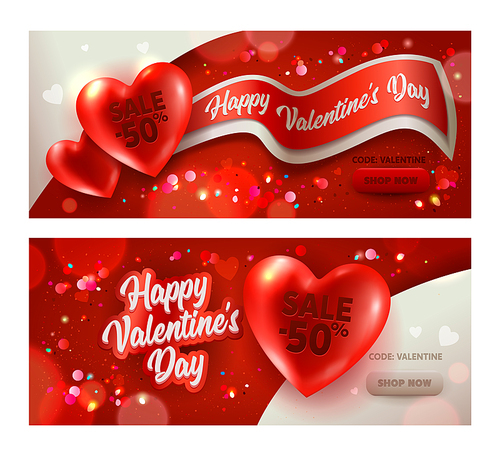 Happy Valentine Day Sale Horizontal Banner Set. Discount Offer Red White Heart Advertising Element Design. Romantic Promotion Poster or Love Card Template Collection 3d Vector Illustration