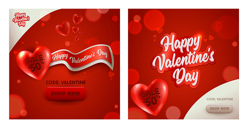 Romantic Valentine Day Discount Banner Set. Sale Promotion Poster Red White Heart Ad Element Design. Romantic Holiday Promo Deal Square Card Template Collection 3d Vector Illustration