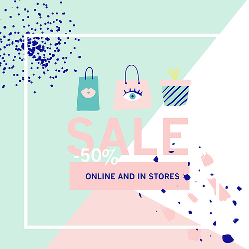 Sale Banner Template. Discount Poster, Promo Web Design with Gifts. Promotional Fashion Background for Placard, Flyer, Advertisement. Vector illustration