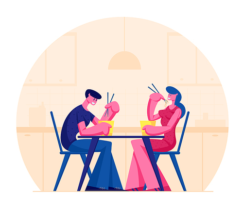 Young Happy Couple Eating Asian Food in Box Holding Sticks Sitting at Table in Japanese or Chinese Cuisine Restaurant. Man and Woman Dating, Weekend Leisure, Rest. Cartoon Flat Vector Illustration
