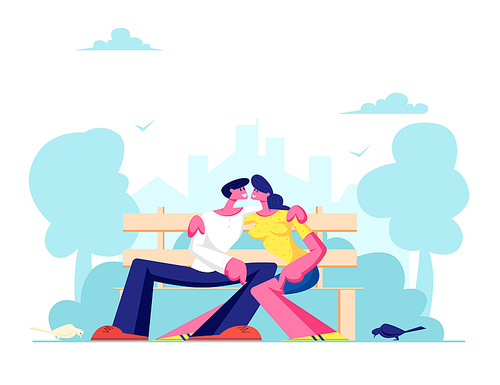Romantic Relations, Love. Young Loving Couple Hugging on Bench in City Park. Summertime Vacation. Outdoors Spare Time, Leisure. Cartoon Flat Vector Illustration, Banner