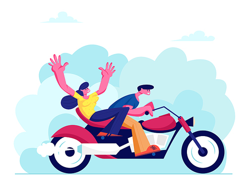 Young Loving Couple Riding Motorbike on Nature Background at Summer Time Weather. Girl and Man Having Vacation Sparetime, Leisure Romantic Journey Love Human Relations Cartoon Flat Vector Illustration
